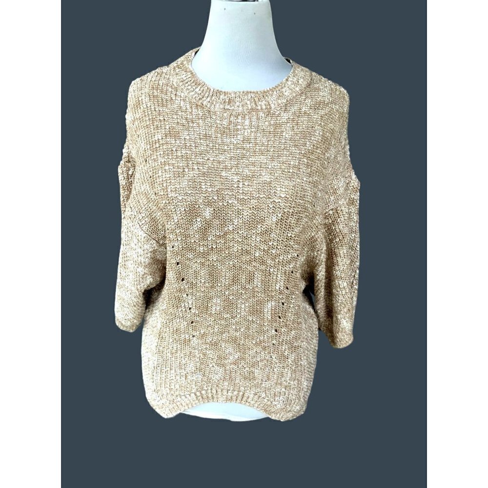NEW DIRECTIONS LADIES TAN ASYMMETRICAL CABLE KNIT PALM LIFE TOP SWEATER NWT S